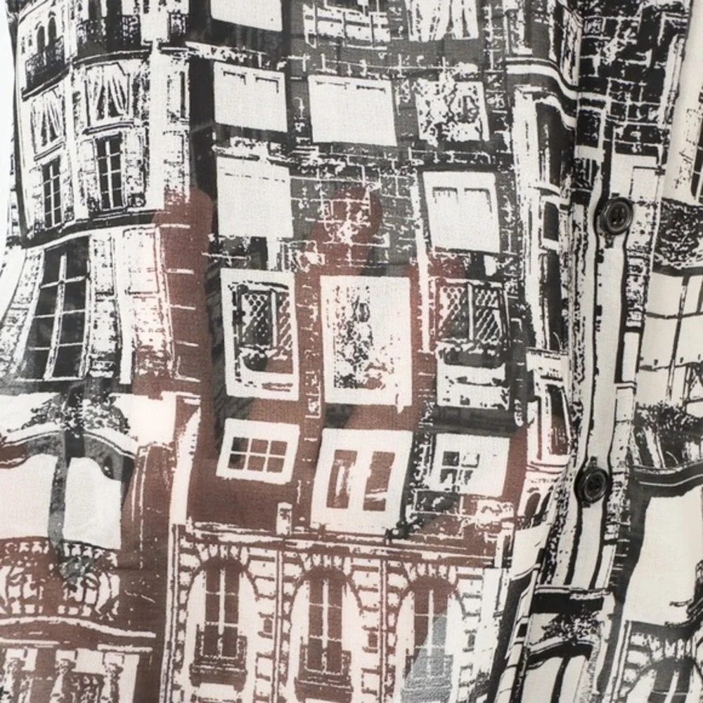 Chicos Cityscape Sheer Chiffon Button Shirt 3 (XL)‎ Monochrome Urban Retro Artsy - Picture 8 of 16